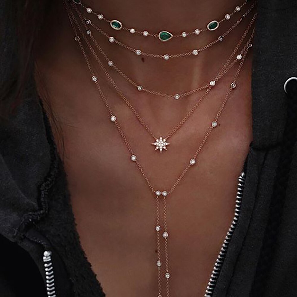 Vintage Crystal Geometry Star Moon Lock Necklace For Women Boho Multi-level Pendants Necklaces Chokers Jewelry: NE-0458-10