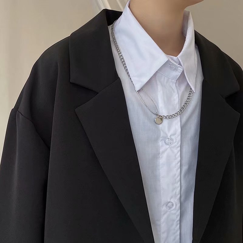 Chaquetas de los hombres primavera negro solo Breasted Oversize flojo Retro de de estilo coreano Ins estudiante Ulzzang-Encuentro de trajes de hombre Chic