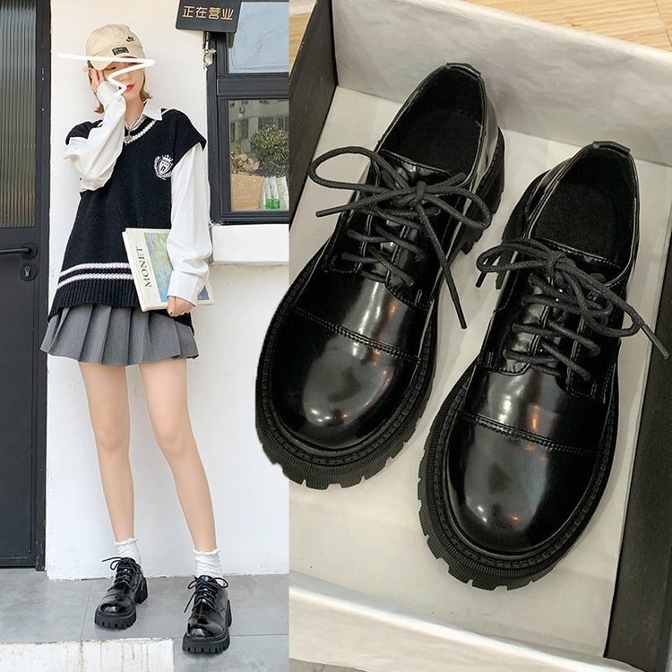 Oxford – chaussures classiques à semelle ronde pour femmes, Brogue noires, plates à lacets, décontractées, à semelle épaisse en Pu, printemps