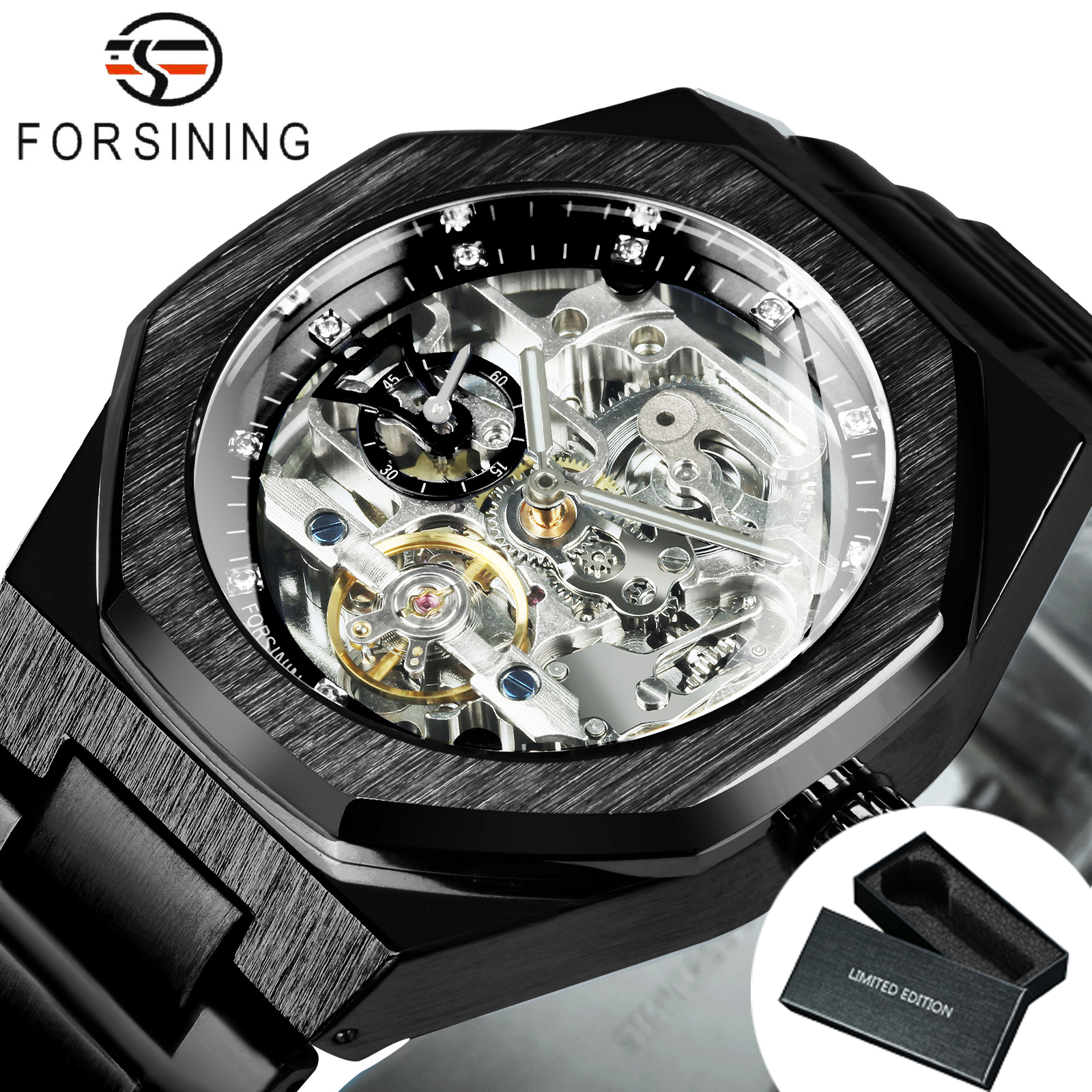 Forsining Lässige automatische mechanische Uhr für Herren, leuchtende Zeiger, Edelstahlarmband, modische Luxus-Skelett-Herrenuhren: Elfenbein