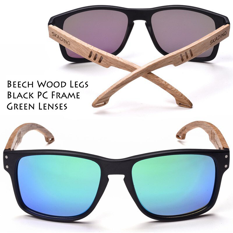 SKADINO Beech Wood Men Sunglasses Polarized Wooden Sun Glasses for Women Blue Green Lens Handmade Brand Cool UV400: S1060C03