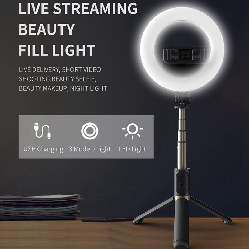 Q07 bluetooth-selfie-sticks, fernbedienung, stativ, handy-live-kamera, selbstauslöser, artefaktstange, 6 -zoll-aufhelllicht