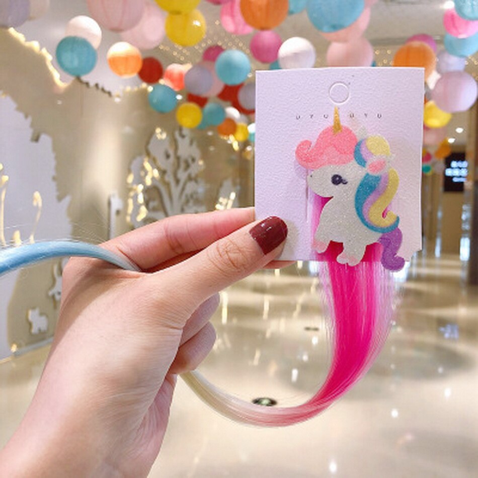 Kawaii licorne perruque ruban épingles à cheveux bebe filles mignon faux cheveux torsion meche a tresse décoration enfants bonbons barre pince à cheveux enfants bandeau accesoire: color 2