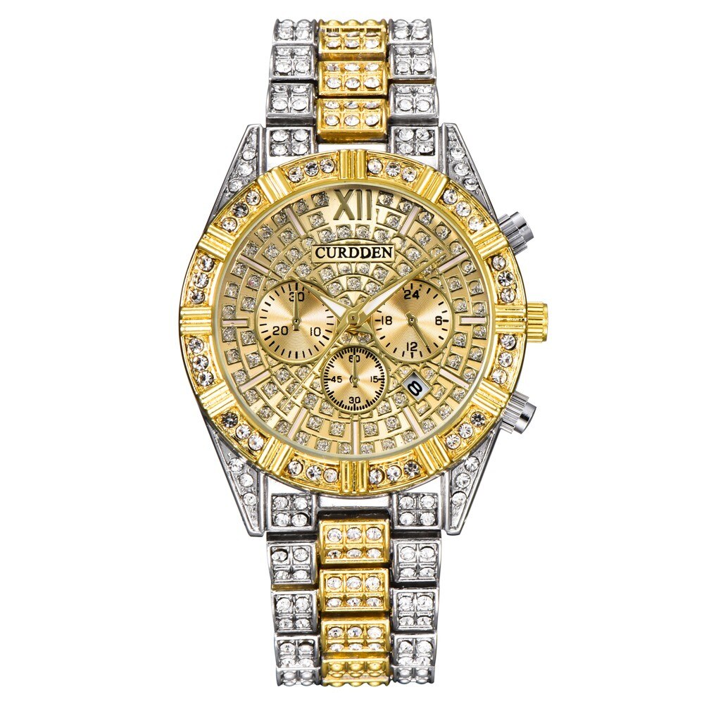 Hip Hop Watch Men Chronograph Diamond Iced Out Mens Watches Brand Luxury Gold Clock Quartz Male Wristwatch relogio: B