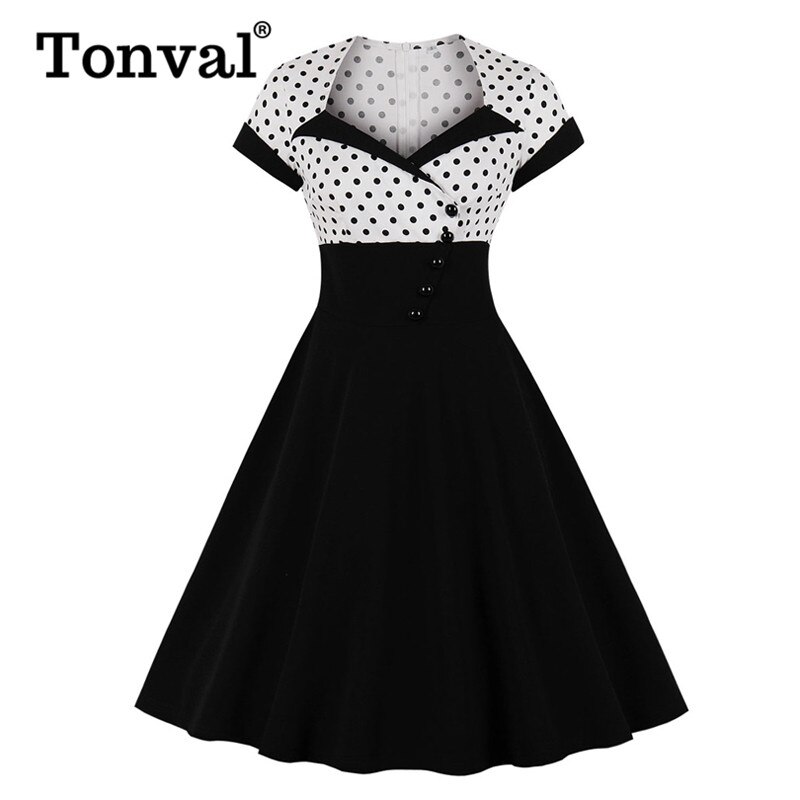 Tonval hvid og sort tofarvet knap front slå om polkaprikkede kjole kvinder høj talje a line vintage retro swing kjoler
