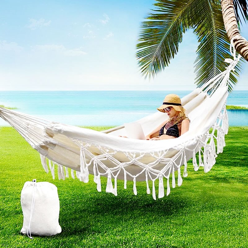 Canvas Hammock Swing Outdoor Camping Trip White Tassel Style Outdoor Furniture