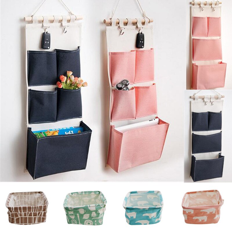 Canvas Printing Cotton Linen Hanging Storage Bag 5 Pockets Wall Mounted Wardrobe Hang Bag Wall Pouch Cosmetic Toys Organizer