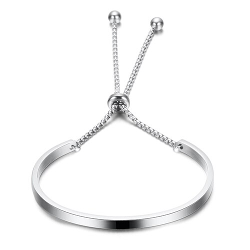 NIBA Gold-Color Cuff Bangle For Women One Row Crystal Stainless Steel Bracelet Bangle Jewelry Adjustable Chain: Silver no crystal