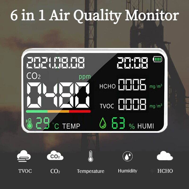 6 IN 1 Air Quality Detector CO2 Meter CO2 Tester Carbon Dioxide TVOC HCHO Temperature Humidity Infrared semiconductor detector