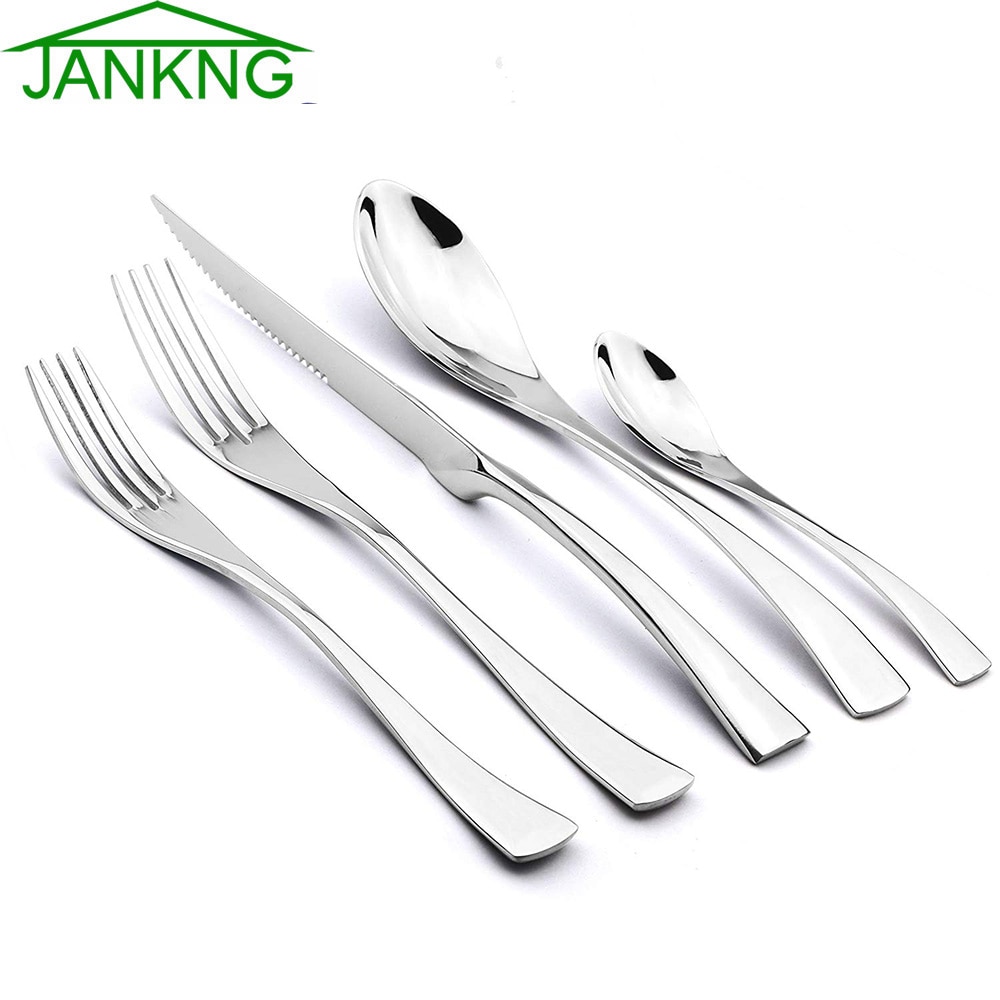 JANKNG 5-Pcs Silver Flatware Set 18/10 Stainless Steel Gold Dinnerware Serrated Knife Fork Spoon Cutlery Food Tableware