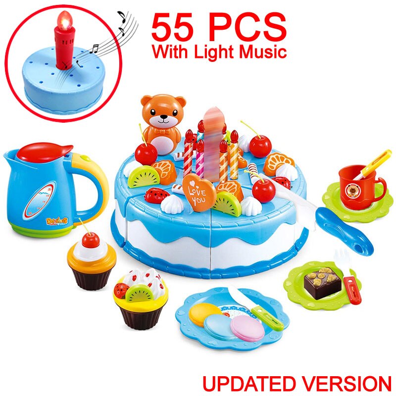 Birthday Cake Toys 37-80PCS DIY Pretend Play Fruit Cutting Kitchen Food Kids Toy Pink Blue For Children Cocina De Juguete