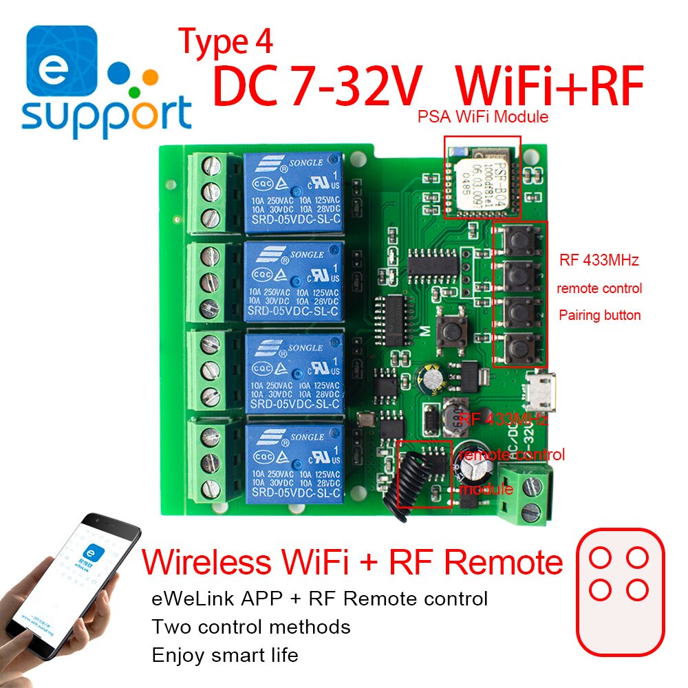 Dc 5V 7V-32V 250V Ewelink Diy Wifi Relais Module Schakelaar Ondersteuning Tippen Self-vergrendeling Interlock Modus Voor Verlichting: 4CH 7-32 WiFi-RF