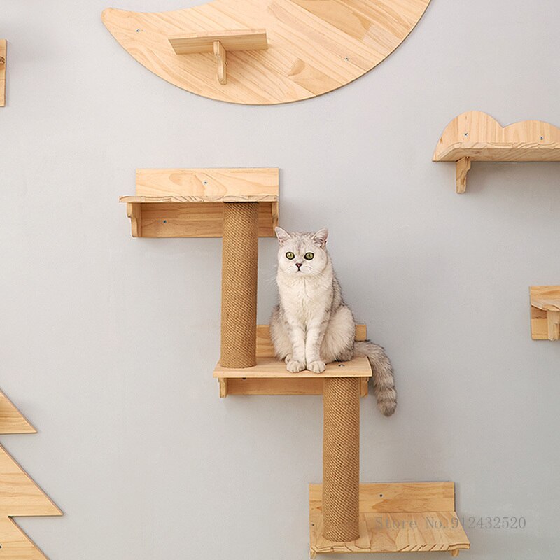 Wall Mounted Cat Climbing Frame Cat Tree Solid Wood Cat Jumping Platform Wall DIY Pet Furniture Kitten Springboard Various Size