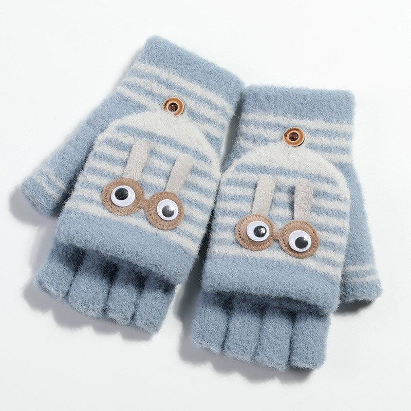 Balleenshiny Kinderen Handschoenen Kids Wanten Winter Plus Fluwelen Warme Tas Vinger Cartoon Gestreepte Half Vinger Gebreide Handschoenen: Blauw