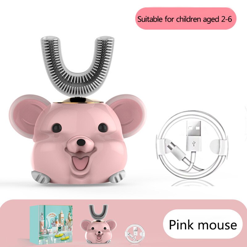 U Shape Smart 360 Angle Cartoon Teeth Cleaner Electric Toothbrush for Kids 2-6Y Teether Automatic Ultrasonic Teether Waterproof: Pink mouse 2-6 years