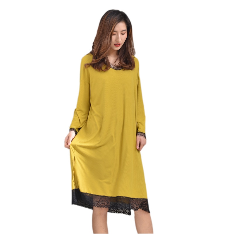 Zomer losse modale slaaprok zomer lange mouwen kanten nachtkleding plus size lange nachthemden sexy slaapshirts naakt slapen
