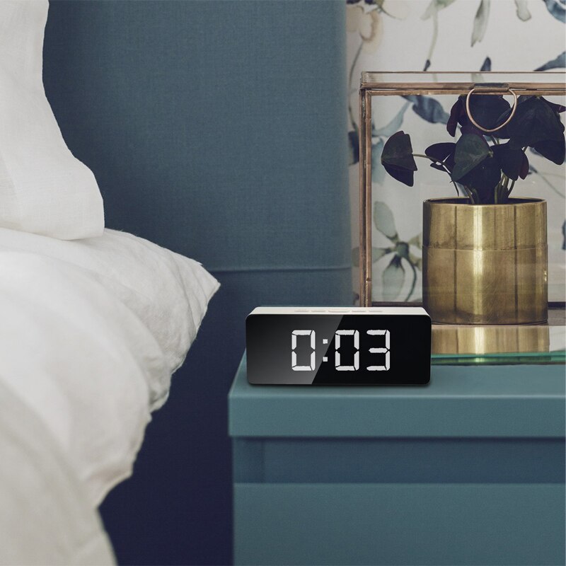 MOSEKO Alarm Clock Digital LED Display Portable Modern Mirror Clock Smart Snooze Multi-function Time Date Month Temperature