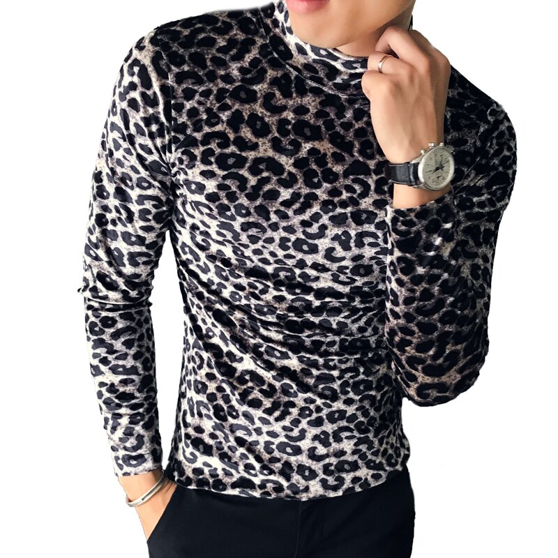 Leopard t-shirt vinter herr & #39 #39 herr toppar smal höghalsad t-shirt långärmad herr t-shirt camiseta