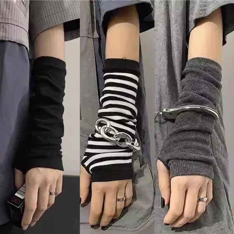 Gant gothique Lolita pour femmes et hommes, couvre-bras, Harajuku, chauffe-bras rayé, sans doigts, Punk, Long bracelet, Y2K, gants pour filles