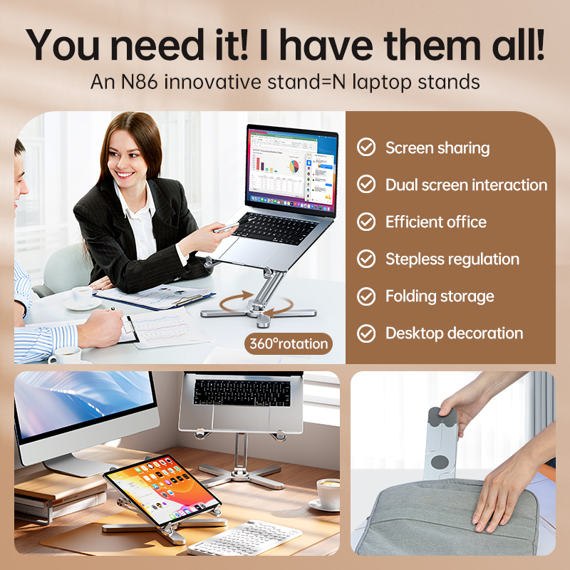 Soporte plegable para portátil 360 ° Mesa giratoria para portátil, soporte de aleación de aluminio, soporte portátil para tableta y libros con disipación de calor
