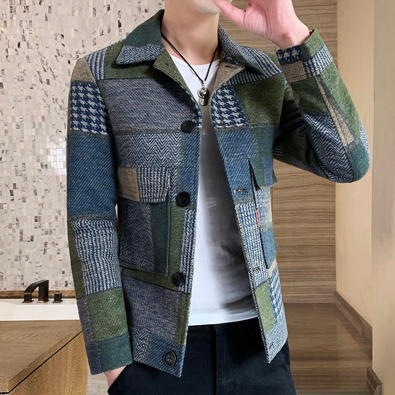 Varma långärmad rutig herrfickor kappa jacka koreansk casual herrjacka slim fit jacka: Grön / L