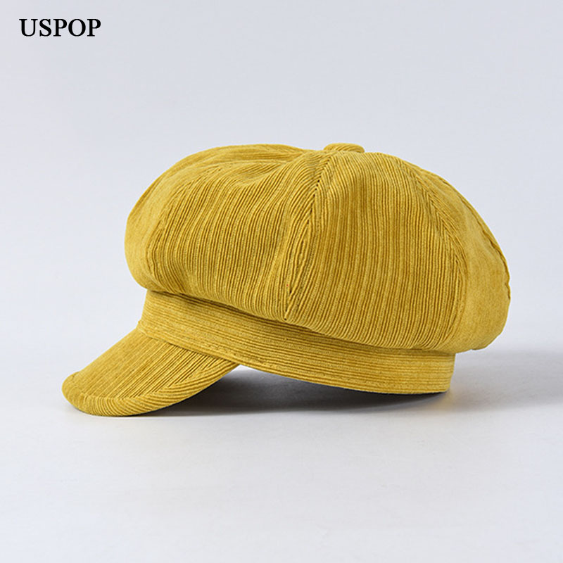 USPOP gorros de invierno gorras de pana gruesa jacquard octogonal sombreros color sólido visera vintage gorras