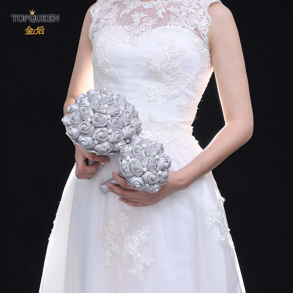 TOPQUEEN F3-GY hecho a mano ramos de novia para boda Premium gris Rosa Flor de satén ramo de rosas de novia para boda accesorios de la boda