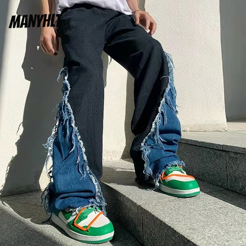 Pantalones acampanados informales y rectos para hombre, ropa de calle holgada, Vaqueros Retro lavados de pareja, Jeans de retazos en el tobillo con borlas rasgadas, Primavera