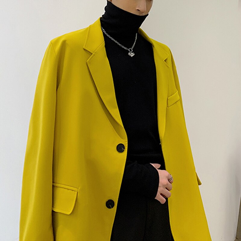 Men Bright Yellow Suit Jacket Notched Lapel Loose Fit Two-Buttons Single Breasted Casual Jackets Spring Mens Outerwear