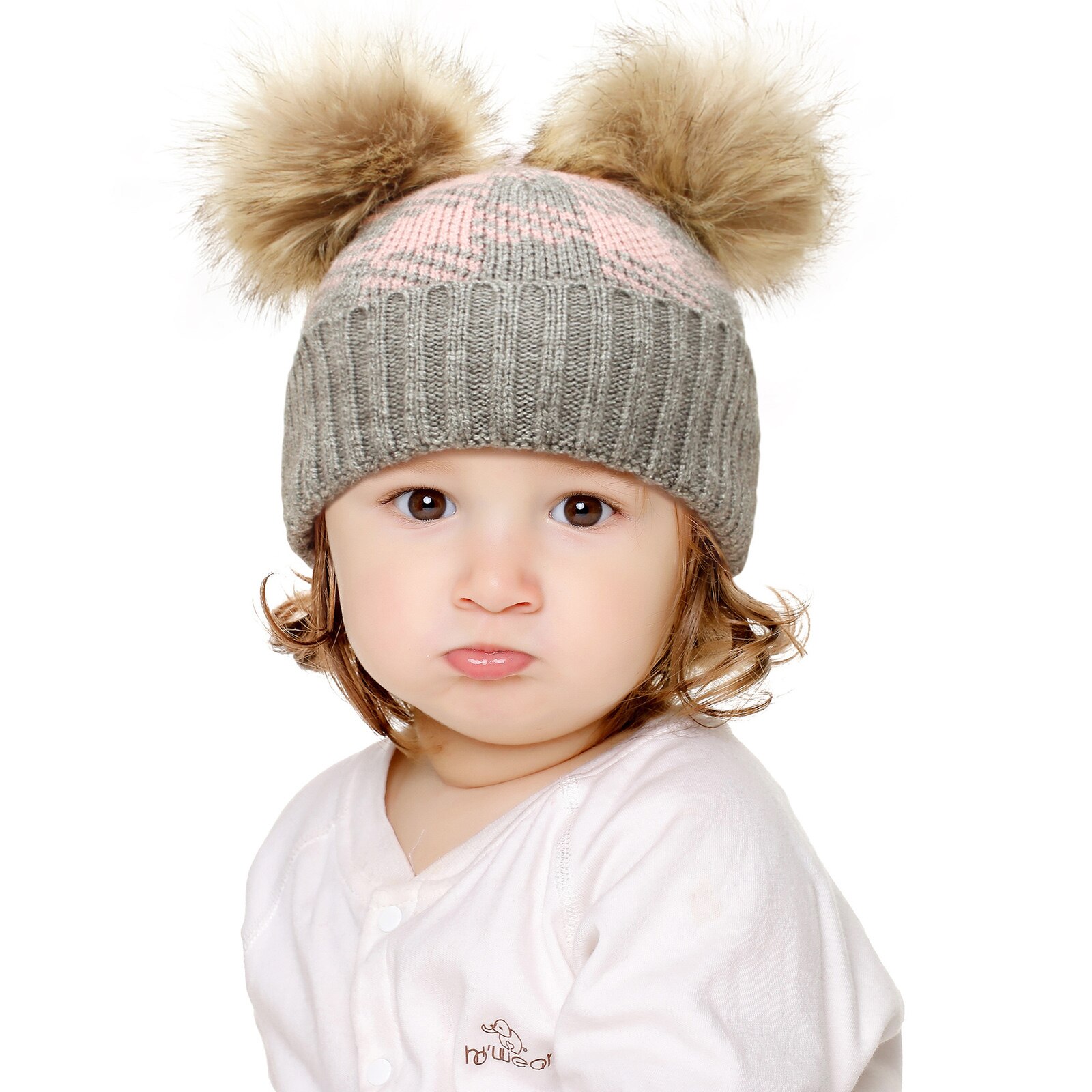 Baby Pet Met Decoratieve Pluche Ballen Plaid Gedrukt Patroon Warme Hoed Voor Winter/Herfst 0-2 Jaar