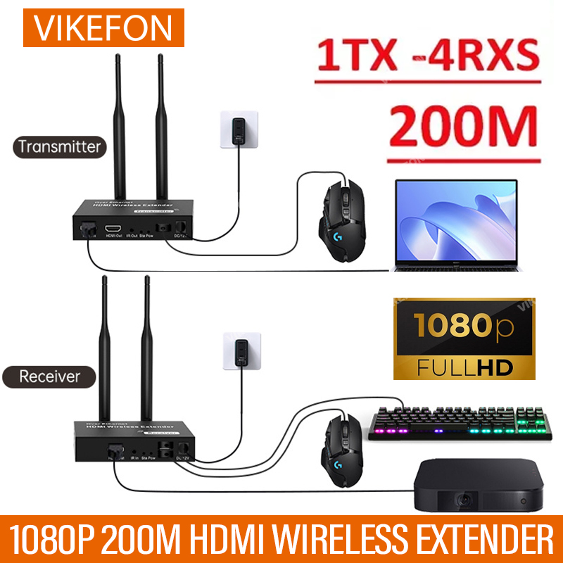200m trådlösa videosändare/mottagare hdmi-förlängare tv-sticka skärmspegeladapter med ir kvm-loopout för pc-tv-projektor