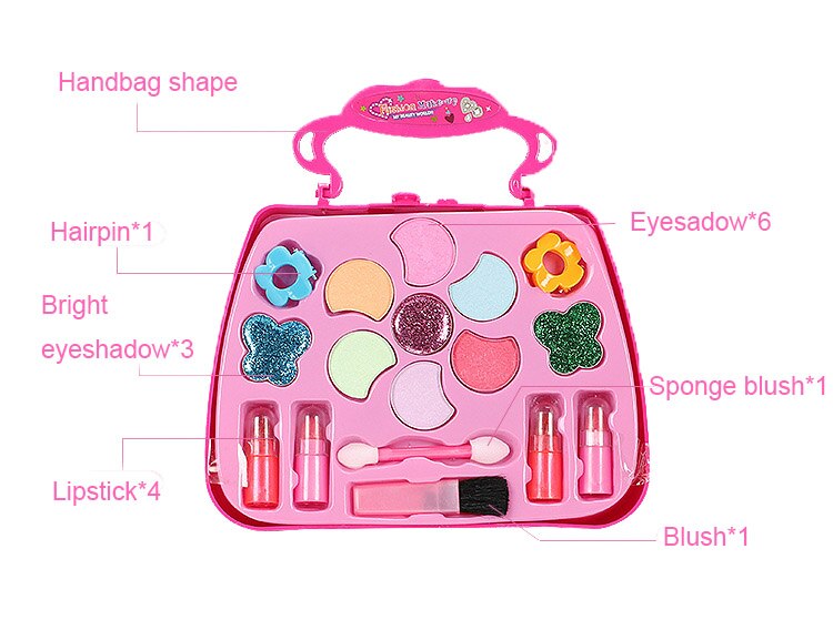 Speelse make-upset voor kinderen, veilig, afwasbaar, niet-giftig, roze make-updoos, cosmetica voor kinderen, speelgoed voor meisjes: Handtas zonder doos