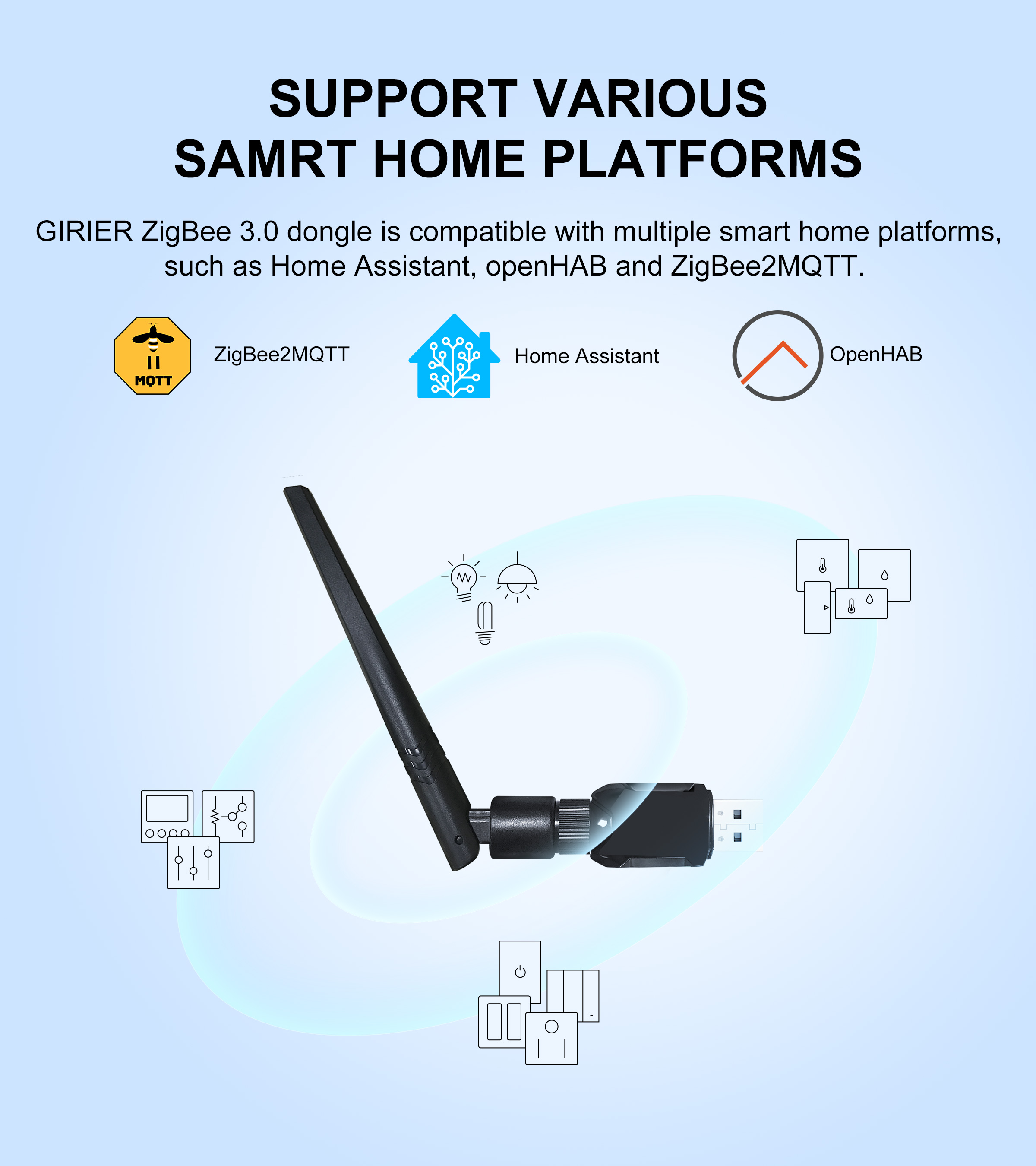 GIRIER ZigBee 3.0 Dongle USB Gateway, Universele ZigBee Gateway met antenne Compatibel met Home Assistant OpenHAB ZigBee2MQTT