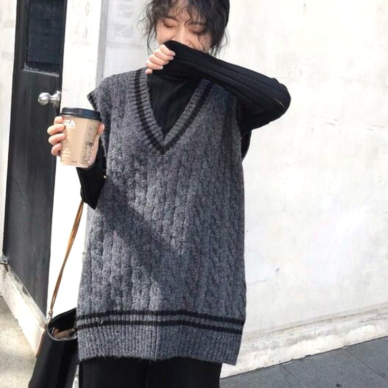 Twist-knitted Vest Women Preppy-style V-neck Sleeveless Korean Loose Leisure Sweaters Students All-match Streetwear Chic