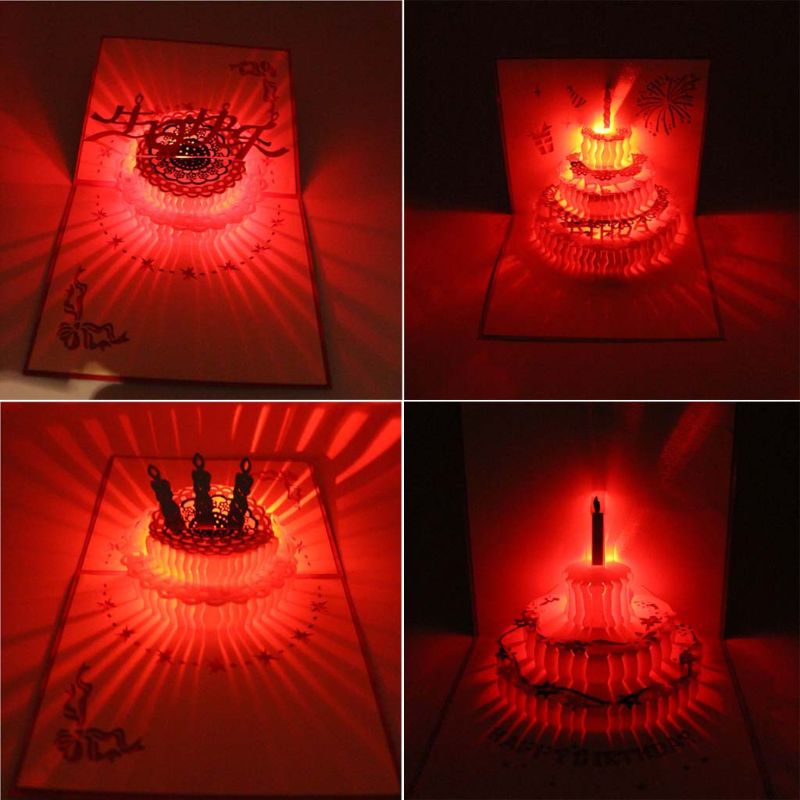Tarjeta de felicitación Pop Up 3D tarjeta de felicitación de pastel de feliz cumpleaños música LED postal con sobre