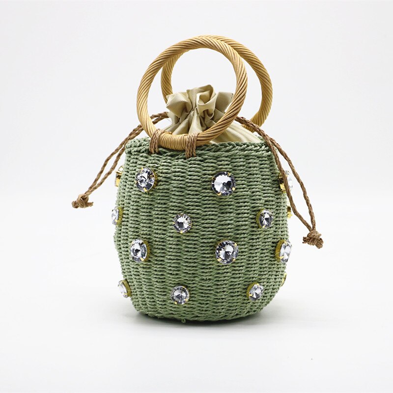 Sommer rund rattan håndlavet diamant perle taske boheme fritid strå taske spand strikning skulder crossbody perler strandtaske