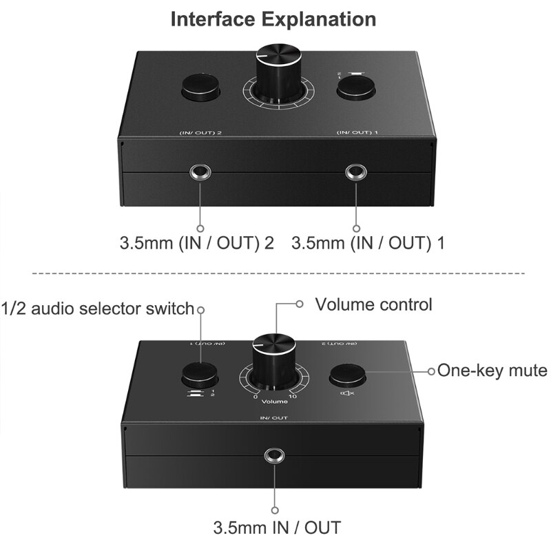 H052 Stereo Audio Switch Audio Switcher 2 Input 1 Output / 1 Input 2 Out Audio Sharing Active Speakers and Headphones