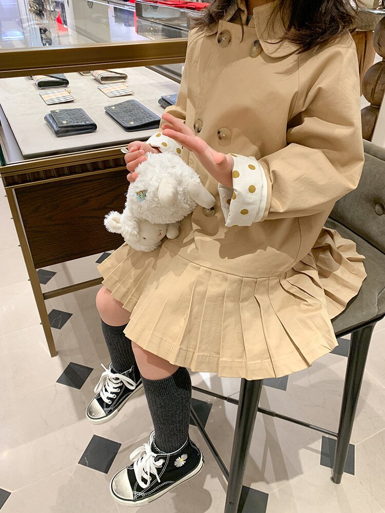 Børn pige trench coat plisseret kaki lang england trench coat pige jakke vindjakke børn frakker efterår vinter