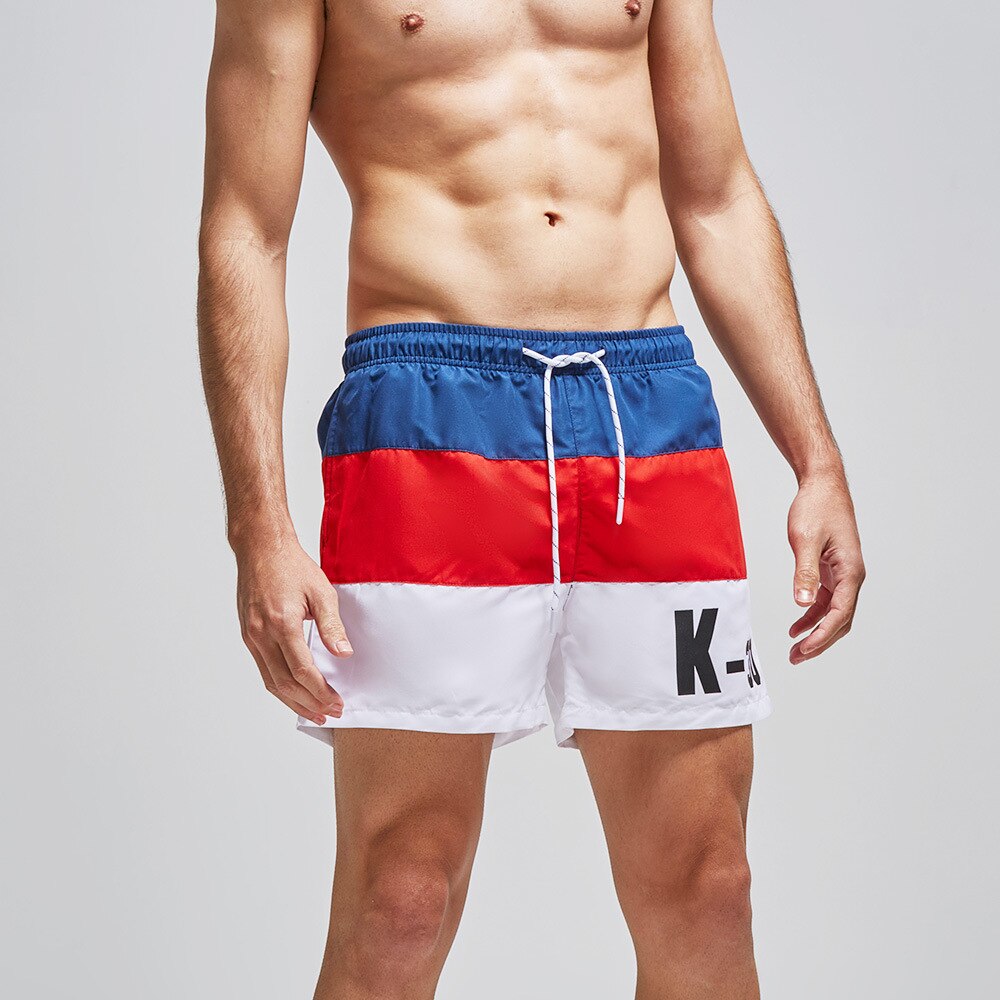 mens swimming shorts Stripe splicings board beach shorts men short de bain homme mens swim shorts with lining quick dry: blue red white / M