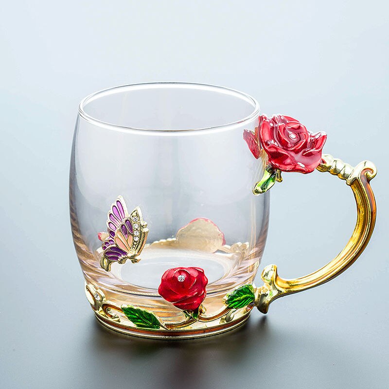 Enamel Water Cup Glass Cup Household Set Flower Tea Crystal Coffee Mug Beer Mug with Handle Wedding Tableware: B