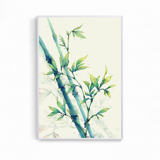 Affiche d'art mural chinois bambou | Plante verte aquarelle, toile Art, tableau mural imprimé pour salon, décoration de la maison: Bleu / 40X60cm no frame