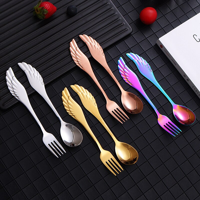 16Cm Creatieve Wings Rvs Lepel Vork Hotel Restaurant Titanium Plated Lepel Vork Bestek Vorken En Lepel Set