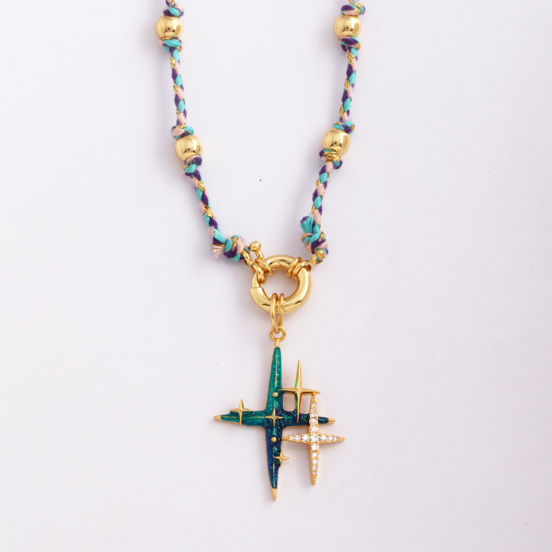 Estrella Celestial azul verde mal de ojo nudo largo collar de cuentas, Boho naturaleza cordón de algodón suéter amuleto verano playa joyería