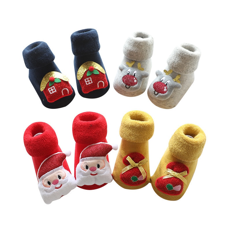 Bomulds baby sokker jul gummi skridsikker gulv sokker tegneserie spædbarn baby dyr sokker vinter efterår tykkere varme sko