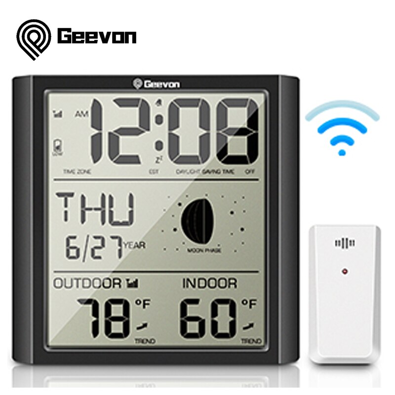 Geevon Wekker Weerstation Indoor Tafel Horloge Met Temperatuur En Vochtigheid Gauge Digitale Maanfase Snooze Desk Klokken