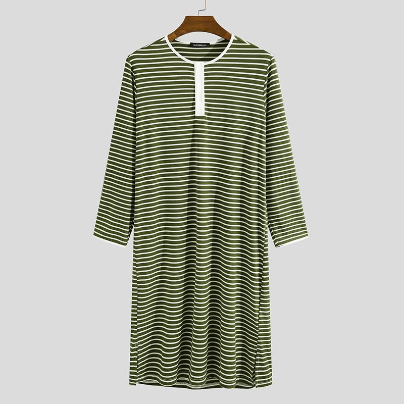 INCERUN Striped Men Sleep Tops Long Sleeve Breathable Casual O Neck Comfortable Dressing Gown Loose Sleepwear Mens Homewear: Green / S