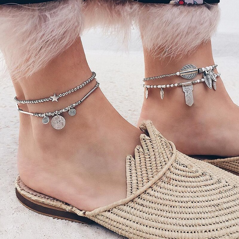 4Pcs/Set Anklets Women Geometric Leaf Beaded Pendant Silver Color Anklet Set Bohemian Charm Beach Jewelry