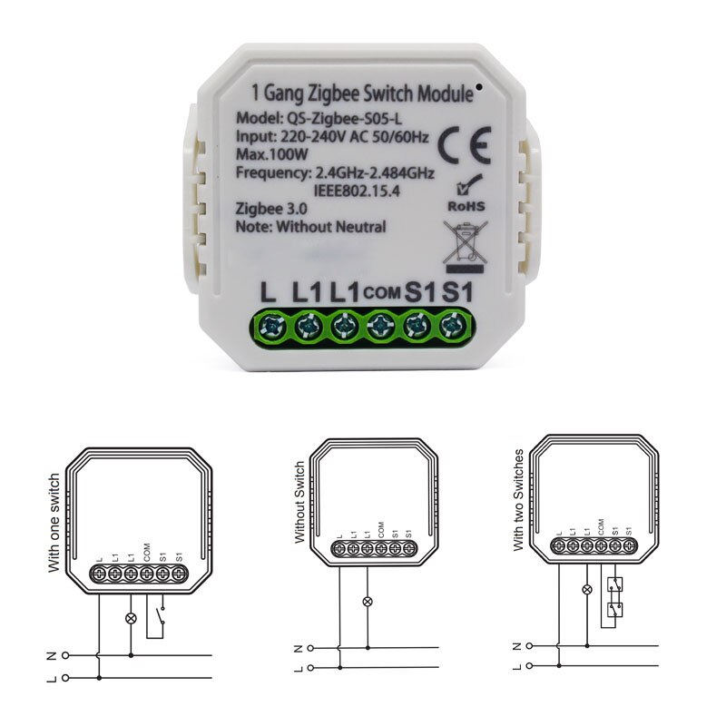 Tuya ZigBee 3.0 Smart Switch Module With/ No Neutral 2 Way Wireless Control Switch Relay Support Zigbee2MQTT Work with Alexa: QS-Zigbee-S05-L