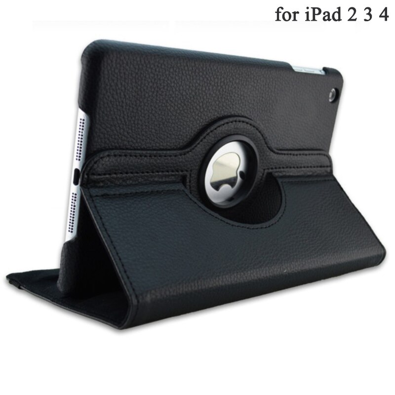 360 Degrees Rotating Cover for Apple iPad 2 3 4 PU Leather Case For iPad 2 3 4 Smart Tablet Stand Holder Cases A1397 A1416 A1430: Black