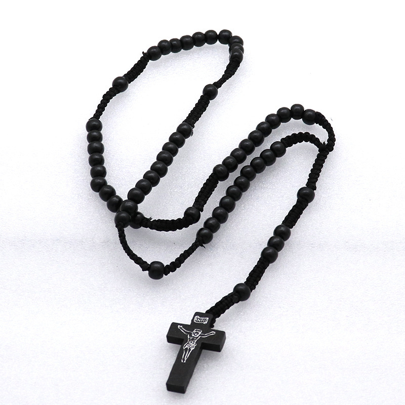 F2 5pcs Wooden Rosary Jesus Imprint Catholic Unisex Style Natural Wooden Bead Cross Rosary Necklace Jewelry For Men Women Light: Dark Green